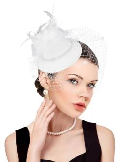 dressfan Fascinator Hut Damen Hochzeit Schleier Hut Vintage Stirnband Gatsby Haarreif 20er 50er Pillbox Hut Kopfschmuck Haarschmuck für Hochzeit/Cocktail/Gatsby/Teeparty/Karneval,Weiß von dressfan