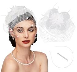 dressfan Fascinator Hut Damen Vintage Stirnband Gatsby Haarreif Hochzeit Schleier Hut Blume Mesh Feder 20er 50er Kopfschmuck Haarschmuck für Hochzeit/Cocktail/Gatsby/Teeparty/Karneval,Weiß von dressfan