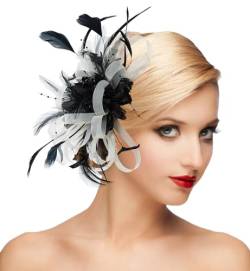 dressfan Fascinator Stirnband Hut Damen Vintage Hochzeit Haarschmuck Mesh Feder Blume Hut Gatsby Haarreif 20er 50er Elegant Kopfschmuck für Hochzeit/Cocktail/Gatsby/Teeparty,Schwarz+Beige von dressfan