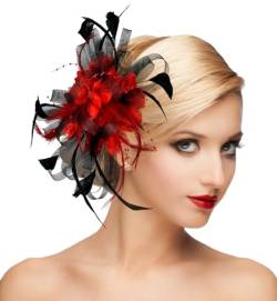 dressfan Fascinator Stirnband Hut Damen Vintage Hochzeit Haarschmuck Mesh Feder Blume Hut Gatsby Haarreif 20er 50er Elegant Kopfschmuck für Hochzeit/Cocktail/Gatsby/Teeparty,Schwarz+Rot von dressfan