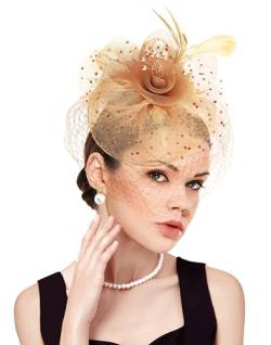 dressfan Fascinator Stirnband Hut Damen Vintage Stirnband Hochzeit Schleier Hut Feder Gatsby Haarreif 20er 50er kopfschmuck Haarschmuck für Hochzeit/Cocktail/Gatsby/Teeparty/Karneval,Gold von dressfan