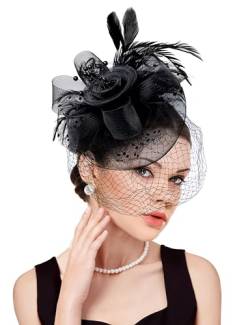 dressfan Fascinator Stirnband Hut Damen Vintage Stirnband Hochzeit Schleier Hut Haarschmuck 20er 50er kopfschmuck für Hochzeit/Cocktail/Gatsby/Teeparty/Karneval,Schwarz von dressfan