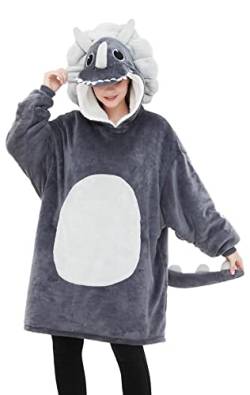 dressfan Grau Triceratops Tragbare Decke Mikrofaser & Sherpa Deckenpullover,Halloween Karneval Dinosaurier Kostüm Hoodie,Warme Weich Decke mit Ärmeln und Kapuze für Damen Herren von dressfan