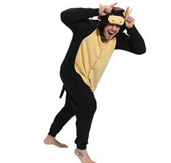 dressfan Tier Bull Kostüm Bull Jumpsuits Bull Pyjamas Cosplay Kostüm Weihnachten Halloween Schlafanzug für Unisex Erwachsene Jugendliche Kinder Schwarz S von dressfan