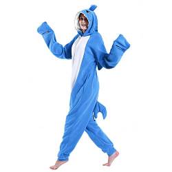 dressfan Tier Hai Kostüm Hai Jumpsuits Hai Pyjamas Cosplay Kostüm Weihnachten Halloween Schlafanzug für Unisex Erwachsene Jugendliche Kinder Dunkelblau S von dressfan