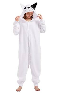 dressfan Unisex Bulldogge Onesie Pyjama Kostüm Karneval & Fasching & Halloween Cosplay Kostüm Weiße Jumpsuits Weihnachten Pyjamas Schlafanzug für Erwachsene Jugendliche,L von dressfan