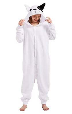 dressfan Unisex Bulldogge Onesie Pyjama Kostüm Karneval & Fasching & Halloween Cosplay Kostüm Weiße Jumpsuits Weihnachten Pyjamas Schlafanzug für Erwachsene Jugendliche,M von dressfan