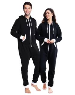 dressfan Unisex Erwachsene Pyjama Schlafanzüge Kapuze Schwarz Onesie Nachtwäsche Thermo Jumpsuit Weihnachten Pyjama für Familie Paare Teenager,L von dressfan