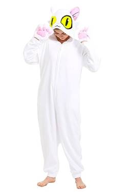 dressfan Unisex Katze Onesie Pyjama Kostüm Jumpsuits Weiße Katze Pyjamas Schlafanzug Kawaii Daijin Neko Halloween Karneval Cosplay Kostüm für Erwachsene Jugendliche,Weiße,L von dressfan