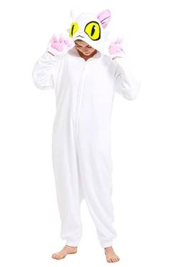 dressfan Unisex Katze Onesie Pyjama Kostüm Jumpsuits Weiße Katze Pyjamas Schlafanzug Kawaii Daijin Neko Halloween Karneval Cosplay Kostüm für Erwachsene Jugendliche,Weiße,M von dressfan