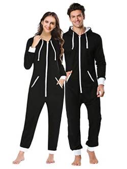 dressfan Unisex Schlafanzug mit Kapuze, Thermo-Overall, schwarzer Reißverschluss, ohne Fuß, Damen und Herren, Schwarz, M von dressfan