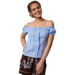 dressforfun 900618 Trachtenbluse mit Carmen Ausschnitt und Knopfleiste, Kurzarm, weiß blau kariert - Diverse Größen - (S | Nr. 303105) von dressforfun