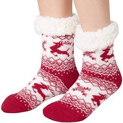 dressforfun 900850 Unisex Weihnachts Kuschelsocken mit Rentiermotiv, dick gefüttert & Plüschrand, rot weiß - diverse Größen - (35-38 | Nr. 303479) von dressforfun