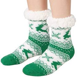 dressforfun 900852 Unisex Weihnachts Kuschelsocken mit Rentiermotiv, dick gefüttert & Plüschrand, grün weiß - diverse Größen - (43-46 | Nr.303488) von dressforfun