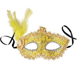 dressforfun 900888 Venezianische Maske mit seitlicher Feder für Damen, Augenmaske mit Stoffmuster, Zierborte und Strass für Ball Fasching Karneval Halloween - diverse Farben - (gelb | Nr. 303547) von dressforfun