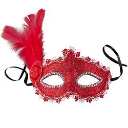 dressforfun 900888 Venezianische Maske mit seitlicher Feder für Damen, Augenmaske mit Stoffmuster, Zierborte und Strass für Ball Fasching Karneval Halloween - diverse Farben - (rot | Nr. 303550) von dressforfun