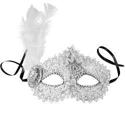 dressforfun 900888 Venezianische Maske mit seitlicher Feder für Damen, Augenmaske mit Stoffmuster, Zierborte und Strass für Ball Fasching Karneval Halloween - diverse Farben - (silber | Nr. 303548) von dressforfun