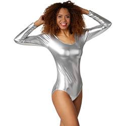 dressforfun 901006 Damen Body Langarm, Metallic Ballettanzug mit Rundhals Ausschnitt, Gymnastikanzug für Ballett Sport Tanz Disko Kostüm Fasching - diverse Größen - (L | Silber | Nr. 303564) von dressforfun