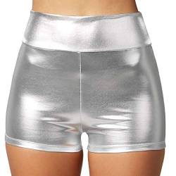 dressforfun 901007 Damen Metallic Hotpants, glänzende Shorts mit hoher Taille, eng anliegende Kurze Hose für Tanz Sport Disco Kostüm Fasching Karneval - Diverse Größen - (L | Silber | Nr. 303574) von dressforfun