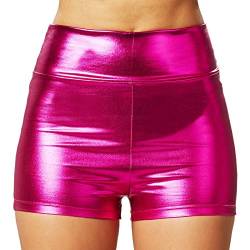 dressforfun 901007 Damen Metallic Hotpants, glänzende Shorts mit hoher Taille, eng anliegende Kurze Hose für Tanz Sport Disco Kostüm Fasching Karneval - Diverse Größen - (L | pink | Nr. 303589) von dressforfun