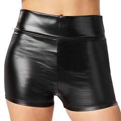 dressforfun 901007 Damen Metallic Hotpants, glänzende Shorts mit hoher Taille, eng anliegende Kurze Hose für Tanz Sport Disco Kostüm Fasching Karneval - Diverse Größen - (L | schwarz | Nr. 303579) von dressforfun