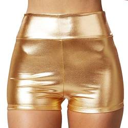 dressforfun 901007 Damen Metallic Hotpants, glänzende Shorts mit hoher Taille, eng anliegende Kurze Hose für Tanz Sport Disco Kostüm Fasching Karneval - Diverse Größen - (S | Gold | Nr. 303567) von dressforfun