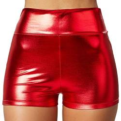 dressforfun 901007 Damen Metallic Hotpants, glänzende Shorts mit hoher Taille, eng anliegende Kurze Hose für Tanz Sport Disco Kostüm Fasching Karneval - Diverse Größen - (S | rot | Nr. 303582) von dressforfun