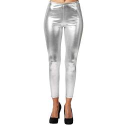 dressforfun 901008 Damen Metallic Leggings, glänzende Hose mit hoher Taille, Shiny Leggings im Wet Look für Party Tanz Disco Kostüm Fasching Karneval - Diverse Größen - (M | Silber | Nr. 303598) von dressforfun