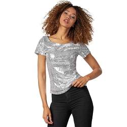 dressforfun 901013 Damen Pailletten Top, Glitzer Kurzarm Oberteil, Silber - Diverse Größen - (S | Nr. 303711) von dressforfun