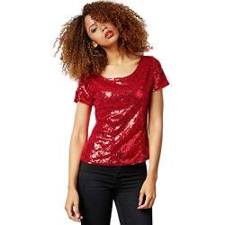 dressforfun 901013 Damen Pailletten Top, Glitzer Kurzarm Oberteil, rot - Diverse Größen - (L | Nr. 303728) von dressforfun