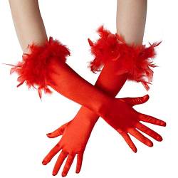dressforfun 901030 Damen Handschuhe mit Federn, elegante Opern Federhandschuhe, Fasching Karneval - diverse Farben - (Rot | Nr. 304592) von dressforfun
