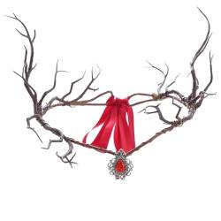 Simulierte Baumzweiste Feenstirnband mit Anhänger und Bändern Renaissance Forest Fairy Kostüm Feen -Kopfstück für Weihnachten Halloween Cosplay Hochzeit rot von dsbdrki