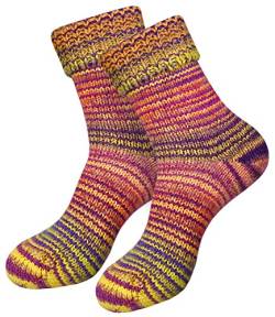 dunaro 2 Paar gestrickte Norweger-Socken Wollsocken Wintersocken kuschelig warm Damen Herren (2 Paar / 39-42 Gelb-Lila) von dunaro