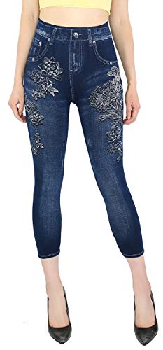 dy_mode Capri Jeggings Damen Leggings 7/8 Jeans Optik - 7LG001-004 (One Size | Gr.36-40, 7LG215-LaceFlowers) von dy_mode