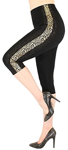 dy_mode Capri Leggings Damen 3/4 Leggins Schwarz mit Glanz Wet-Look Blumen Muster - 3LG460 (3LG472-GoldTiger) von dy_mode