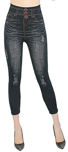 dy_mode Capri Leggings Damen 7/8 Jeggings Jeans Optik Leggins - CLG034-041 (7lg231-BlackDestroyedMitKnopf-OneSize Gr.36-42) von dy_mode