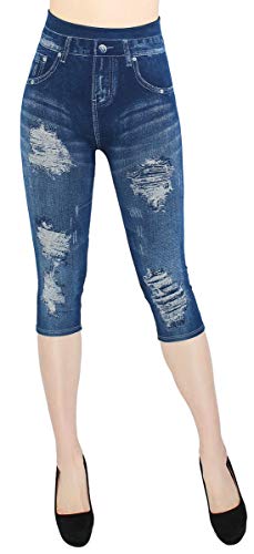 dy_mode Damen 3/4 Leggings Capri Leggins Jeans Optik - CLG002 (3LG403-BigDestroyed | OneSize Gr.36-42) von dy_mode