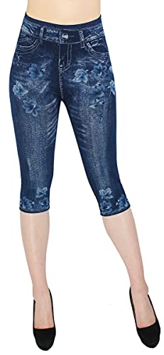 dy_mode Damen 3/4 Leggings Capri Leggins Jeans Optik - CLG002 (3LG438-Blumenmeer | OneSize Gr.36-40) von dy_mode