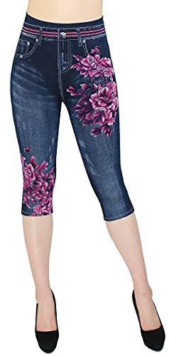 dy_mode Damen Capri Leggings 3/4 Jeggings Jeans Optik - CLG058 (3LG440-PinkFireFlower | OneSize 36-40) von dy_mode