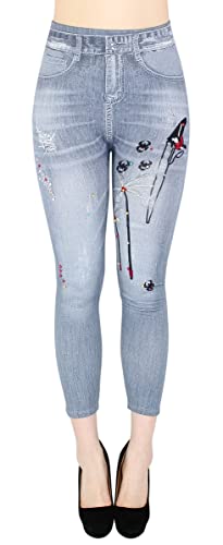 dy_mode Damen Capri Leggings 7/8 Kurze Jeggings Jeans Optik Leggins Stretch - 7LG2022-001 (36-40, 7LG2022-001Hellgrau) von dy_mode