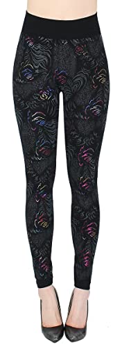 dy_mode Damen Leggings High Waist Schwarz mit Glanz Wet-Look Blumen Muster Glanz Druck Leggins - JL353 (jl638-AbstraktRose, S/M) von dy_mode