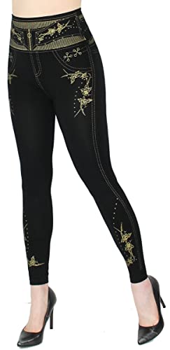 dy_mode Damen Leggings High Waist Schwarz mit Glanz Wet-Look Blumen Muster Glanz Druck Leggins - JL353 (jl639-AngelRoseHighWaist, S/M) von dy_mode