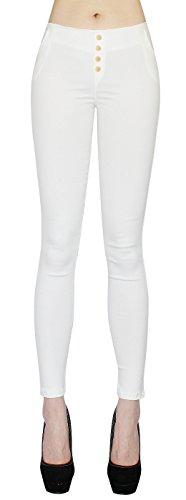 dy_mode Damen Slim Fit (Röhre) Hose Skinny Pants Treggings in 2 Farben mit 4 Knöpfe und Taschen - DH007 (34/XS, Weiß) von dy_mode