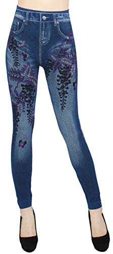 dy_mode Damen Thermo Leggings Thermojeggings mit Innenfutter - WL020 (S/M, WL120-ViolettButterfly) von dy_mode