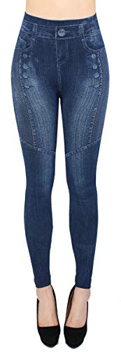 dy_mode Jeggings Damen Leggings High Waist Jeans Optik Hose - JL068 (JL503-SwirlButtons) von dy_mode