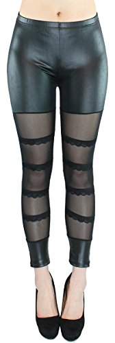 dy_mode Leggings Damen in Kunstleder Optik mit Spitzen und halb-transparenter Stellen- Gr. 36/38 - JL0157 (JL258-Schwarz) von dy_mode