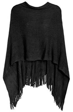 dy_mode Poncho Damen Strickponcho Umhang im eleganten Schnitt - Vorne kurz hinten lang Schnitt - WJ061 (Black) von dy_mode