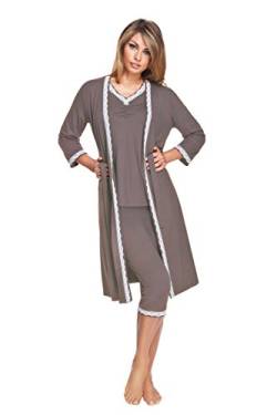 e.FEMME® Damen Morgenmantel Carmen 219 mit Edler Spitze, aus Viscose/Elasthan, mit 7/8 Arm, in Farbe Taupe, in Größe 46 von e.FEMME