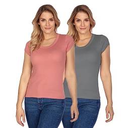e.Femme® 2er Pack Damen Kurzarm T-Shirts Tops Hemdchen Rita II Z-107A aus 50% Modal und 50% Baumwolle, Doppelripp, Altrosa/Anthrazit Gr. 40/42 von e.Femme