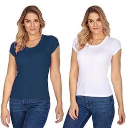 e.Femme® 2er Pack Damen Kurzarm T-Shirts Tops Hemdchen Rita II Z-107A aus 50% Modal und 50% Baumwolle, Doppelripp, Weiß/Marine Gr. 40/42 von e.Femme